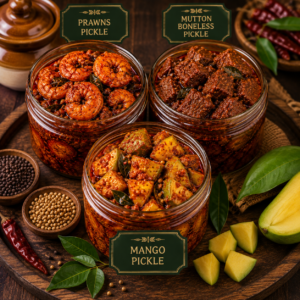 prawns + mutton boneless  + mango pickle