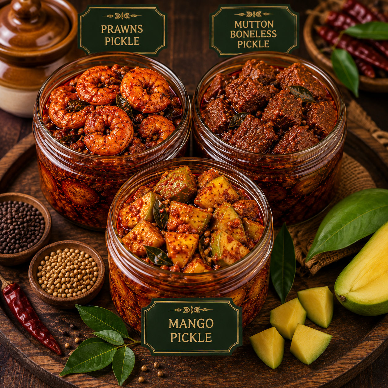 prawns + mutton boneless + mango pickle